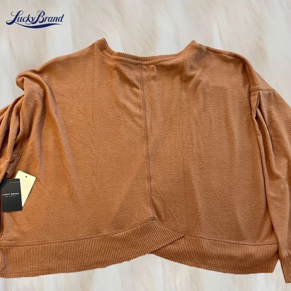 LUCKY BRAND Cloud Jersey Exposed Seam Relaxed Long Sleeve Top-Caramel/Lg/NWT